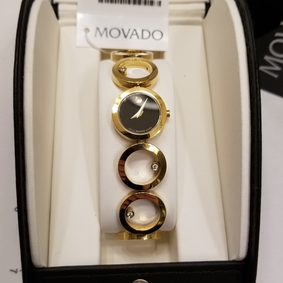MOVADO WOMEN ONO GOLD PLATED STAILESS STEEL 6 DIAMOND SWISS WATCH Fresh Battery - Picture 3 of 15